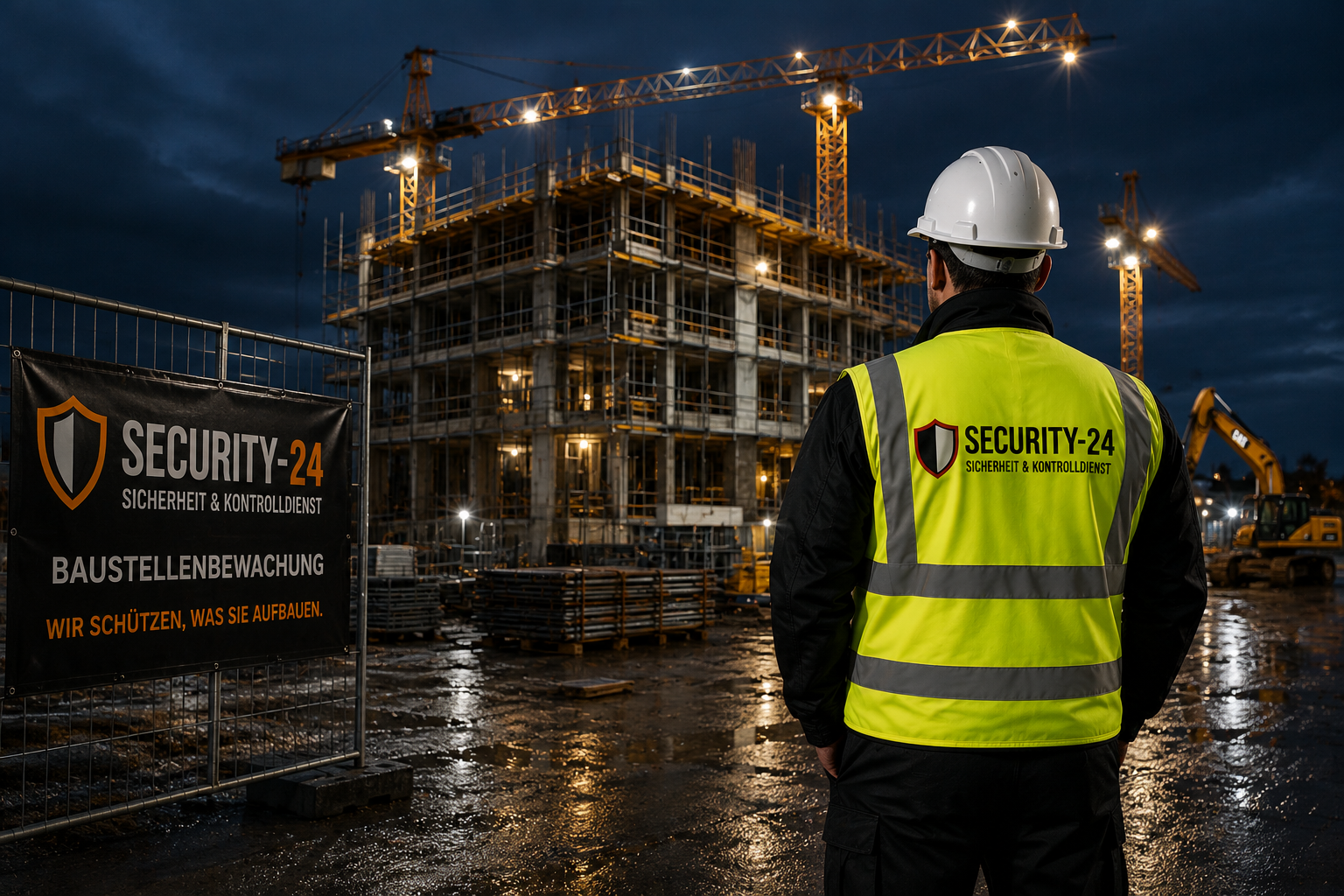 Security-24 Sicherheitsmitarbeiter überwacht eine Baustelle bei Nacht zum Schutz vor Diebstahl, Vandalismus und unbefugtem Zutritt.