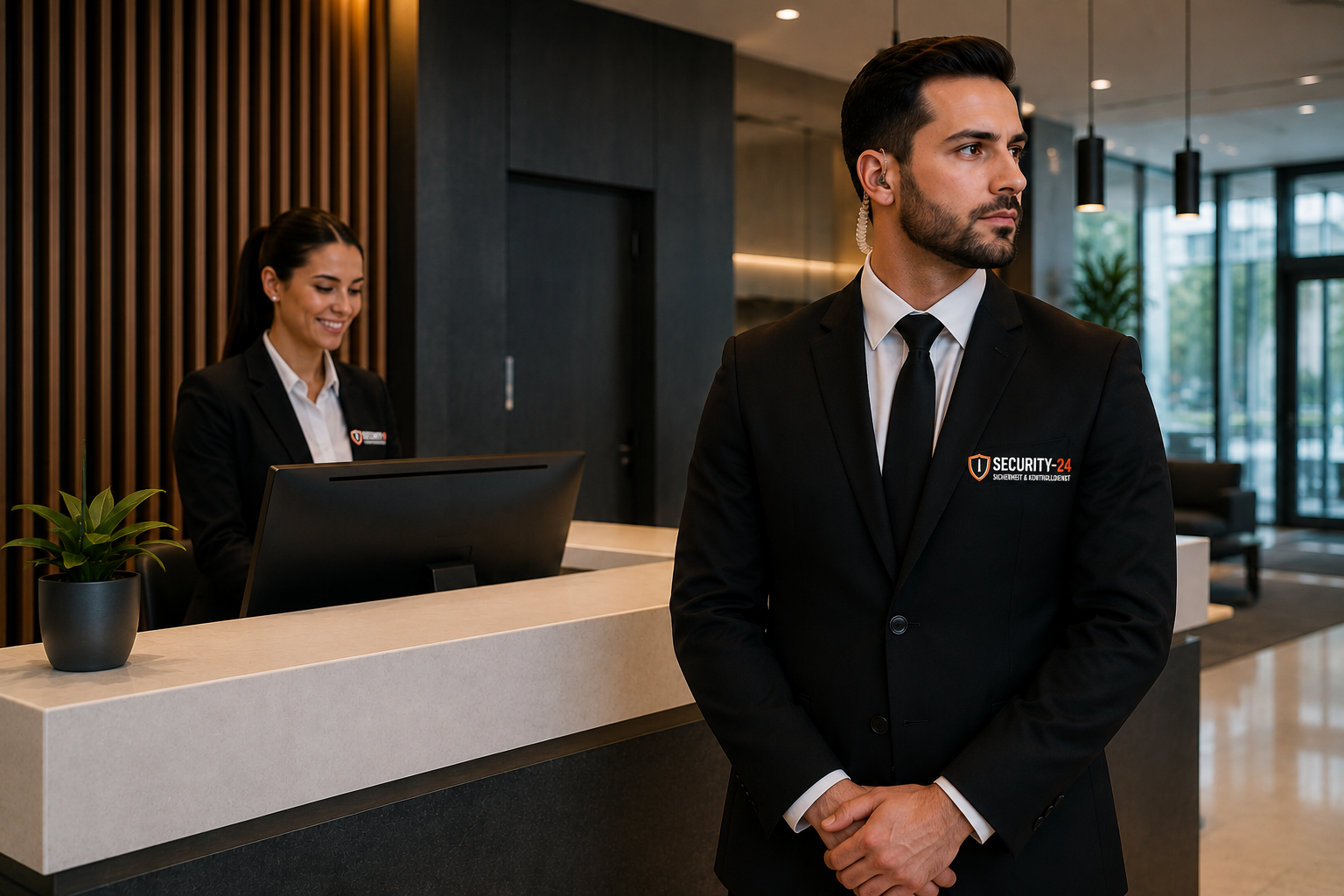 Professioneller Empfangsdienst von Security-24 in einem modernen Unternehmensgebäude mit Sicherheitsmitarbeiter und Empfangsmitarbeiterin.