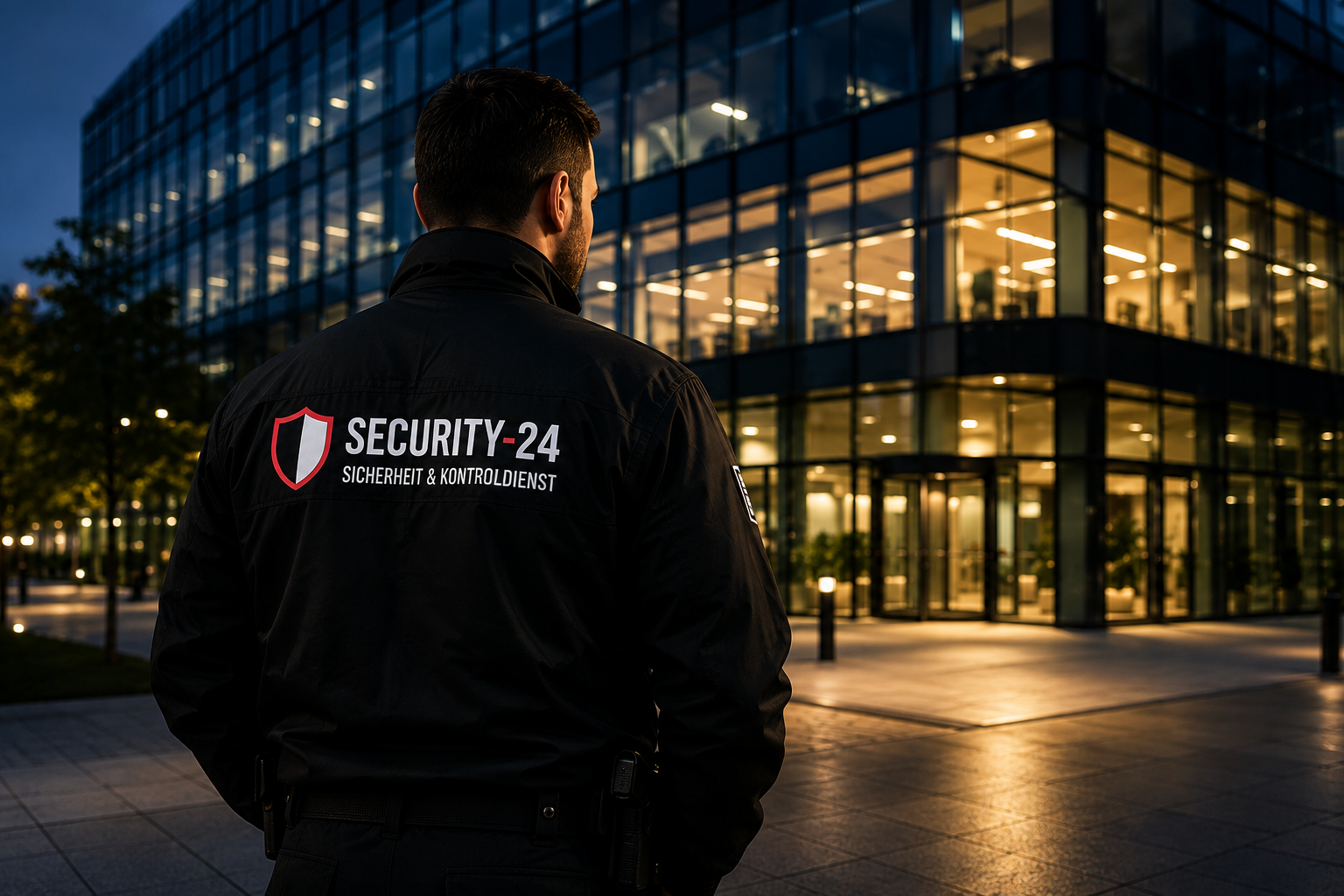 Sicherheitsmitarbeiter von Security-24 schützt ein modernes Bürogebäude im Rahmen eines professionellen Objektschutzes in Zürich.