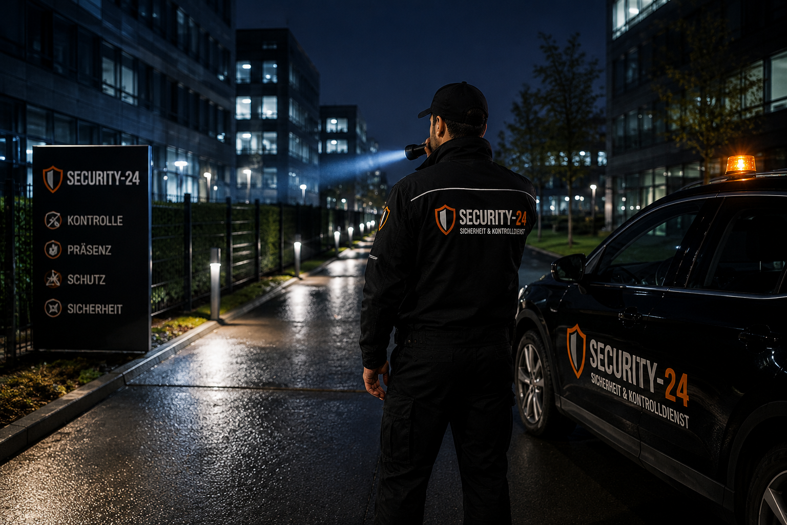 Professioneller Revierdienst von Security-24 bei einer nächtlichen Sicherheitskontrolle vor einem modernen Bürogebäude in Zürich.