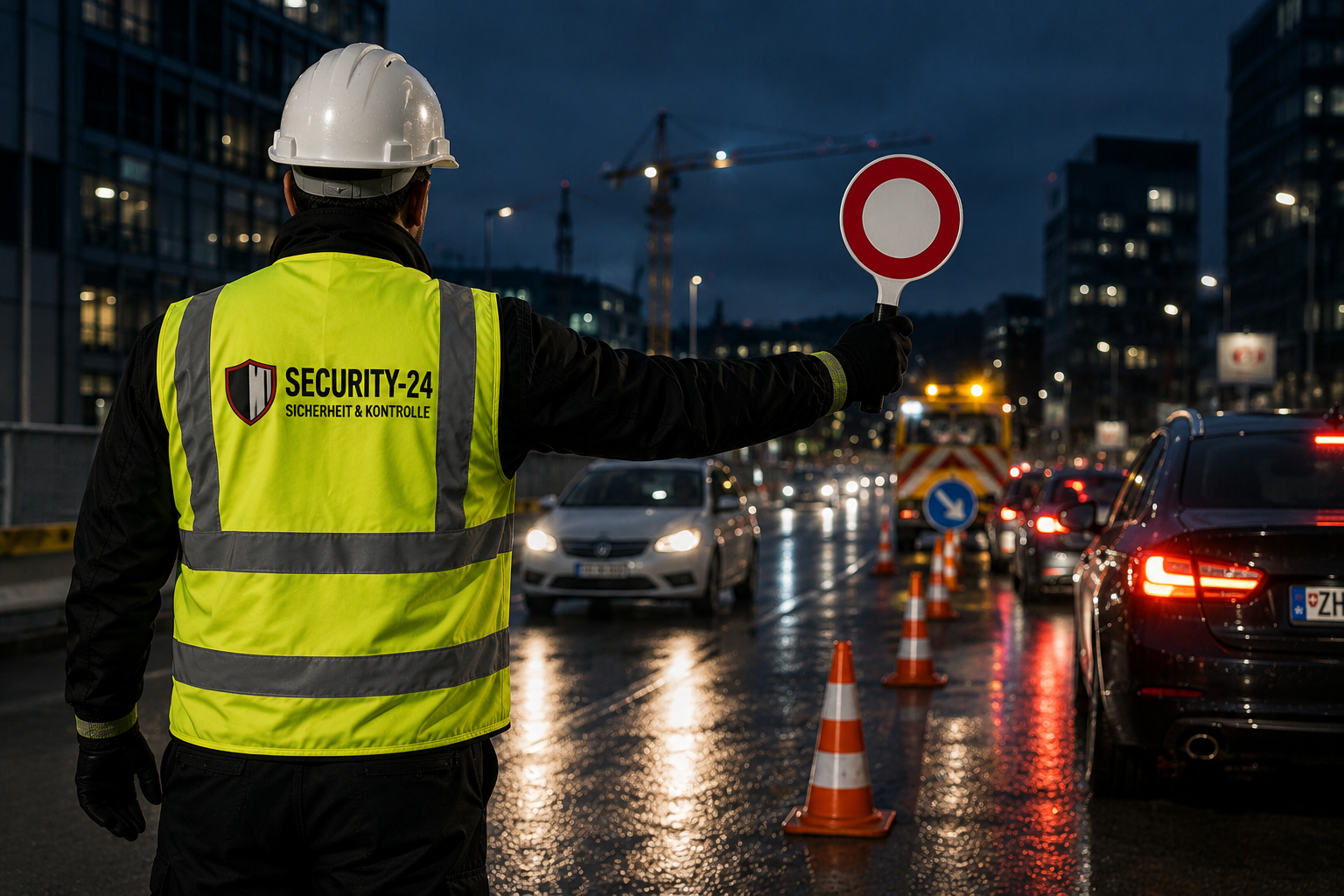 Professioneller Verkehrsdienst von Security-24 bei der Verkehrsregelung auf einer Baustelle oder Veranstaltung in Zürich.