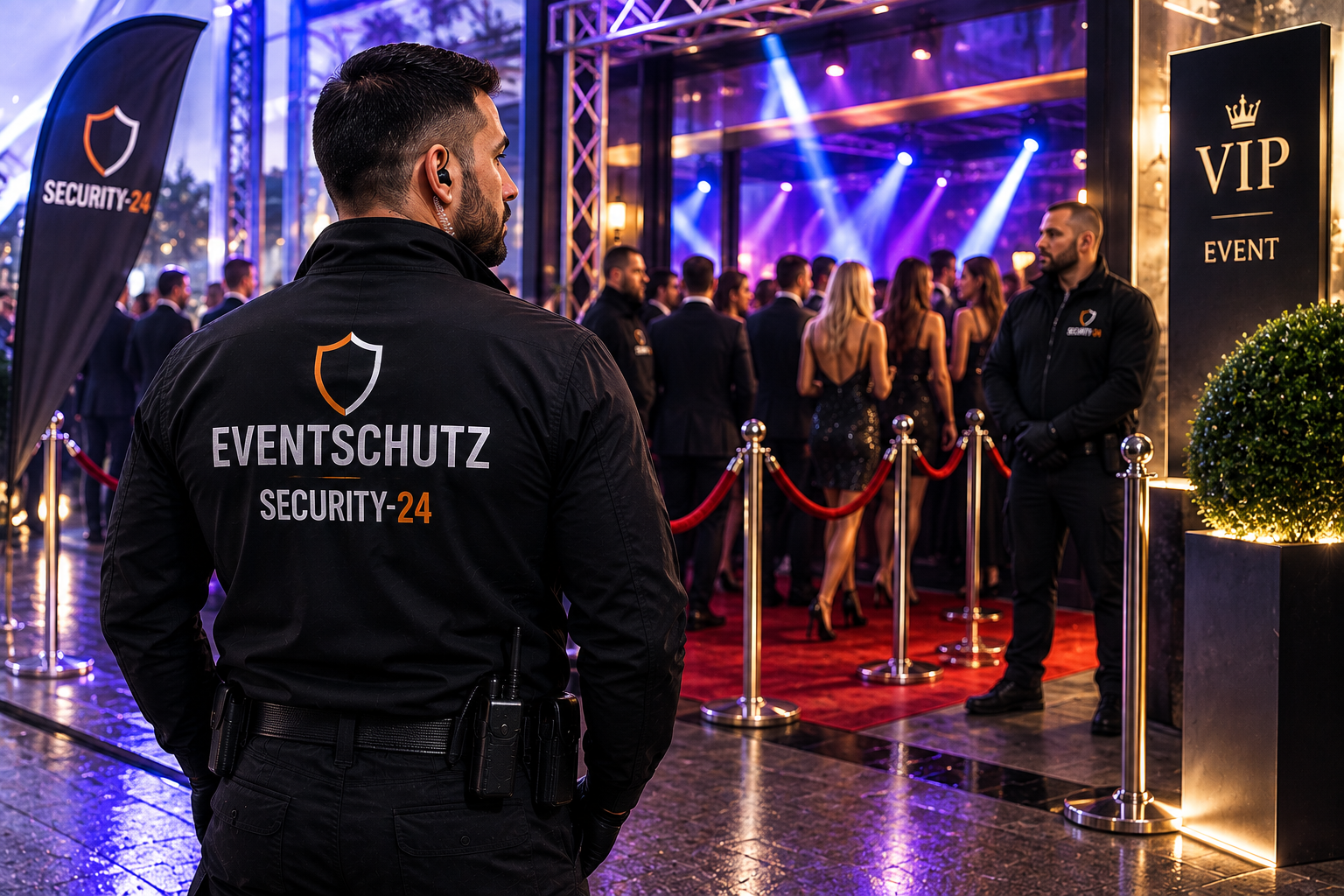 Professioneller Eventschutz von Security-24 bei einer Veranstaltung mit Zugangskontrolle und sichtbarer Sicherheitspräsenz in Zürich.